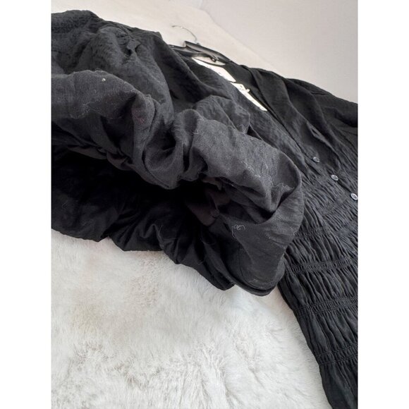 New Frame Women's Size XL Black Smocked Button-Down Dress Short Puff Sleeves - Picture 7 of 14